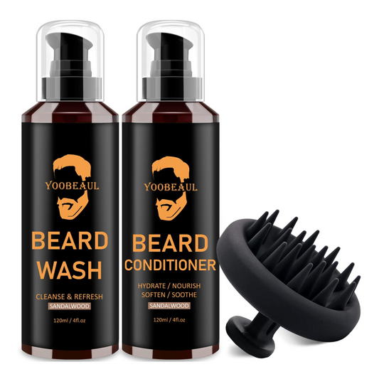 Beard Wash & Conditioner & Silicone Brush Professional Set w/Argan & Jojoba Oils - Beard Shampoo w/Beard Oil 2 x 4 Fl Oz 120ML